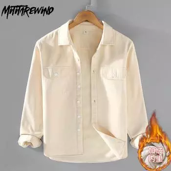 Зимние теплые мужские рубашки, повседневные утолщенные рубашки-карго для мужчин, однотонная флисовая рубашка с воротником-лацкан и двойными карманами, молодежная мода, повседневные топы M абрикосовый