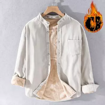 Зимние теплые мужские топы, повседневные, утолщенные хлопковые мужские рубашки, однотонная рубашка с воротником-стойкой и длинным рукавом из вельветового флиса с карманом M озеро синий