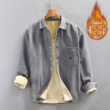 Winter Warm Men Tops Japanese Style Thicken Workwear Lapel Collar Fleece Shirt Pure Cotton Long Sleeve Loose Shirts for Men M белый