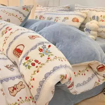 Winter Warm Plush Bedding Set Cartoon Velvet Duvet Cover Set Sheet Pillowcase Soft Comforter Quilt Cover Set Queen Bedspreads 220x240cm-4pc set