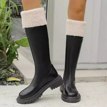 Winter Warm Plush Women Knee High Boots Fashion PU Leather Long Boots for Women Concise Square Heel Back Zip Shoes Botas Mujer 35 бежевый