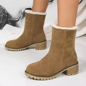 Winter Warm Plush Women s Boots Round Toe 2024 Hot Sale New Fashion Square Heel Wear Resistant Shoes for Women Botines Mujer 36 хаки