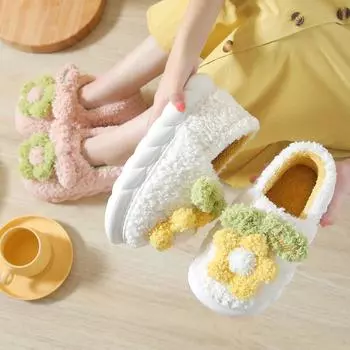 Winter Warm Slippers Women 4cm High Heels Non-slip Plush Cotton Shoes Memory Foam Cute Flowers Home Bedroom Ladies Fur Slides 36-37(Insole23cm)