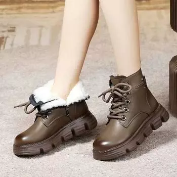 Winter warm snow boots pure wool cotton boots thick-soled short boots soft fur integrated Martin boots women s Northeast cotton shoes 35 коричневый