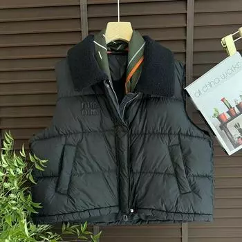 Winter warm solid color down cotton jacket fashionable versatile lapel splicing lamb wool lapel sleeveless vest M