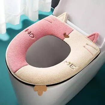 Winter Warm Toilet Seat Cover Universal Closestool Mat with Handle Double Color Cute Cat-shape Pad Toilet Seat Cover Bathroom Accessories AVE