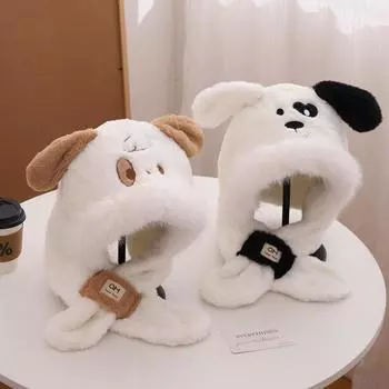 Winter Warm Versatile 2025 Show Your Face Little Lei Feng Hat Tide Cute Puppy Plush Ear Hat Children M56-58cm чёрный