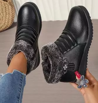 Winter Warm Women s Boots Thickened Non-slip Plush Lined Women s Zipper Outdoor Ankle Boots Fashion PU Leather Cotton Shoes 37 чёрный