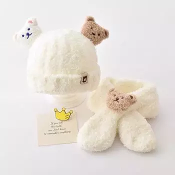 Winter Warmth Baby Hat Scarf Two-piece Plush Thermal Hat Boys Girls Winter Children Knitted Hats Fashionable Windproof Scarf one size