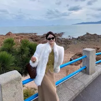 Winter white stand-up collar medium and long imitation fox hair temperament court bubble sleeves environmentally friendly fur fur coat coat S белый