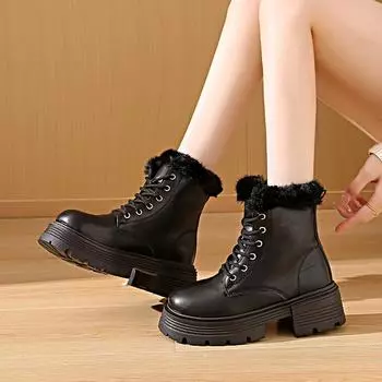 Winter with Fur Girl’s Street Style Black Motorcycle Boots Women High Top Casual Boots Platform Boots Height Increase Plus Size 35-42 EU:35 чёрный