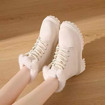 Winter with Fur Girl’s Street Style Black Motorcycle Boots Women High Top Casual Boots Platform Boots Height Increase Plus Size 35-42 EU:35 чёрный