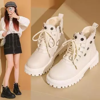 Winter with Fur Girl’s Street Style Black Motorcycle Boots Women High Top Casual Boots Platform Boots Height Increase Plus Size 35-42 EU:35 чёрный