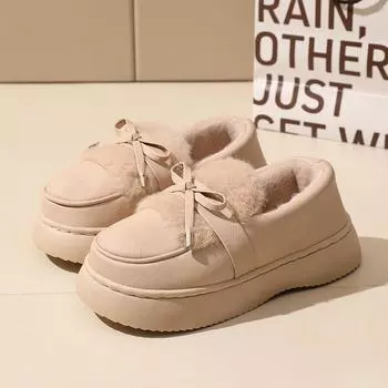 Winter Woman Slippers Cotton 2025 New Home Plush Warm Anti Slip Comfortable Indoor Waterproof Platform Bow Women s Heel Slippers 36-37 бежевый