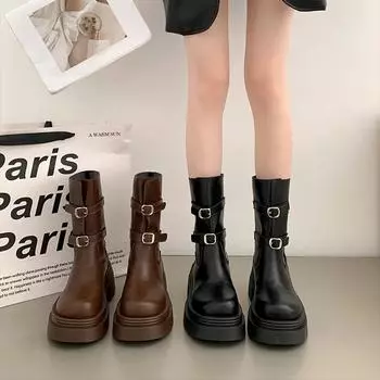 Зимние женские ботильоны модные короткие сапоги с пряжкой на поясе рыцарские ботильоны дизайнерские квадратные каблуки Botas De Mujer 35