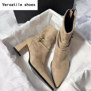Зимние женские ботильоны, модные, с острым носком, короткие, элегантные, на толстом каблуке, Botas De Mujer 35