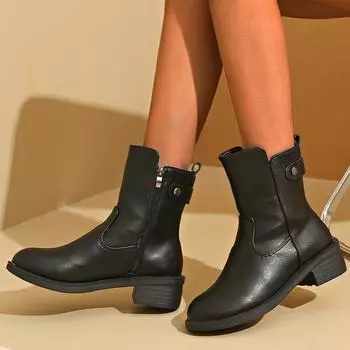 Winter Women Ankle Boots Leather Designer Retro Mid Heels Shoes Trend Winter Chunky Classic Pumps Motorcycle Botas De Mujer 35