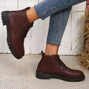 Winter Women Ankle Boots Leather Flats Designer Lace Up Shoes 2024 Trend New Brand Classic Motorcycle Boots Goth Botas De Mujer 36 чёрный