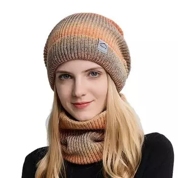 Winter Women Beanies Snood Sets Gradient Color Knitted Hat Warmer Fashion Outdoor Windproof Thicken Tie Dye Scarf Hat For Women фиолетовый