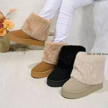 Winter Women Boots Suede Thermal Sleeves Keep Warm Mid-Calf Snow Boots Ladies Comfortable Platform Shoes Zapatos Mujer Size 44 36 чёрный