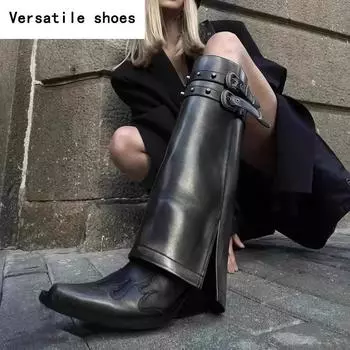 Winter Women Cowboy Boots Fashion Slip On Belt Buckle Ladies Elegant Long Pipe Boots Casual Thick Heel Women s Boot 35