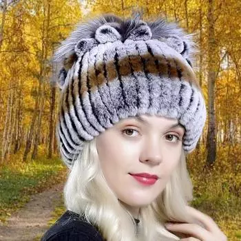 Зимняя женская шапка из натурального меха кролика Рекс в полоску с цветочным узором, теплая эластичная популярная вязаная пушистая меховая шапка, русская шапка 55-59cm серый/чёрный