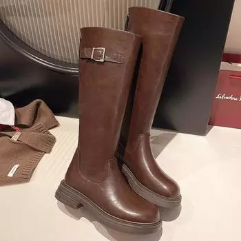 Winter Women High Boots Mid Heels Fashion Chunky Shoes 2025 Trend Designer New Party Pumps Knee High Motorcycle Botas De Mujer 35 коричневый