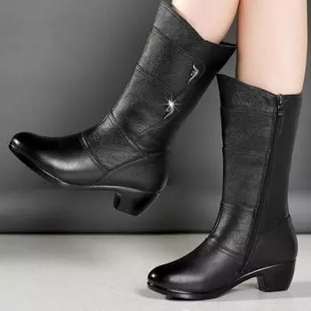Winter Women High Heels Chelsea Ankle Boots Leather Shoes 2025 New Brand Trend Chunky Fashion Motorcycle Snow Botas Pumps Mujer 34 чёрный
