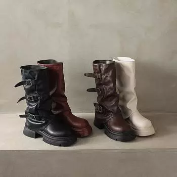 Зимние женские сапоги-рыцари, модные полусапожки с пряжкой на поясе, дизайнерские полусапожки на квадратном каблуке Largas 35