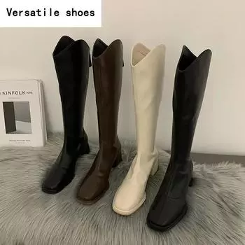 Зимние женские длинные сапоги, модные, с острым носком, элегантные, до колена, сапоги на квадратном среднем каблуке 35