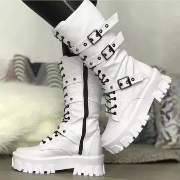 Winter women new thick soled boots Casual versatile trendy shoe Fashion belt buckle motorcycle boot Comfortable ladies shoes 35 красный