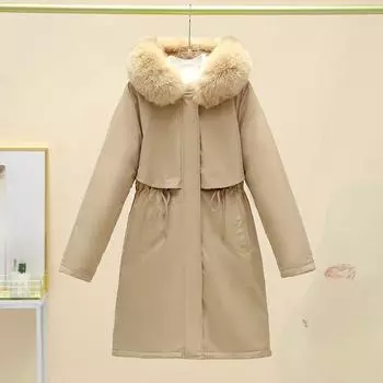 Зимняя женская парка 2024 года, новая шерстяная подкладка с капюшоном, свободный меховой воротник, карманы на молнии, теплая зимняя одежда, зимнее стеганое пальто, куртка S красный