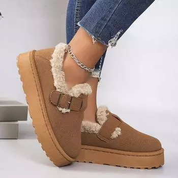 Winter Women s Boots Fashion Belt Buckle Thick Sole Ankle Boots Retro Brown Platform Cotton Shoes Plush Warm Non-slip Snow Boots 36 бежевый