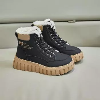 Winter Women s Boots New High Top Women Plush Warm Student Cotton Shoes Thick Soled Lace Up Height Increasing Cotton Boots 38