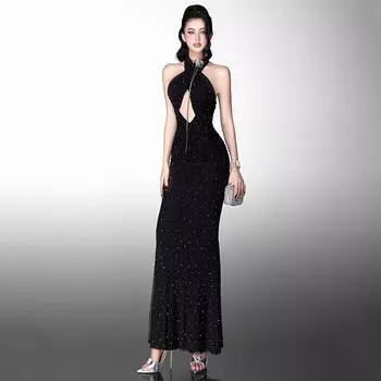 Winter Women s Fashion Sexy Temperament Pure Wind Hanging Neck Polka Dot Sleeveless Dress S чёрный