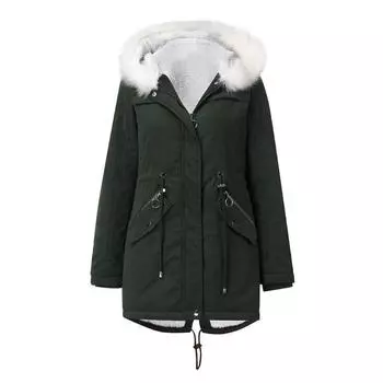 Winter Women s Fur Collar Cotton Coat Hooded Jacket Warm Fleece Solid Color Mid Length Parka Long Sleeve Casual Velvet Lining Outerwear M розовый