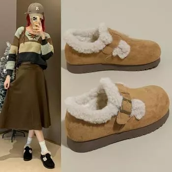 Winter Women s New Thick-soled Plus Velvet Warm Cotton Boots Flat-soled Fashionable Korean Anti-slip Casual Buckle Cotton Shoes 35 чёрный
