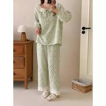 Зимняя женская пижама, костюм из 100% хлопковой марли, женская пижама, женская одежда для сна, 2 предмета, осенняя простая женская домашняя одежда M