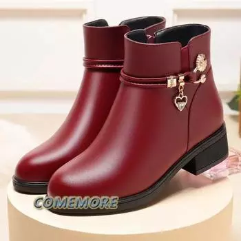 Зимние женские модные теплые короткие сапоги со стразами на толстом каблуке, элегантные, удобные, водонепроницаемые, флисовые, с мягкой подошвой, черные 35 чёрный