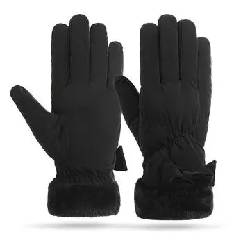 Winter Women s Ski Gloves Fashion Bow Plus Fleece Thickened Warm Gloves Riding Windproof Touch Screen Gloves One Size