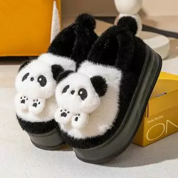 Winter Women s Slippers Cute Cartoon Slippers Home Warm Cotton Slippers for Women 6cm High Platform Fluffy Slipper Zapatos Mujer 36-37 чёрный