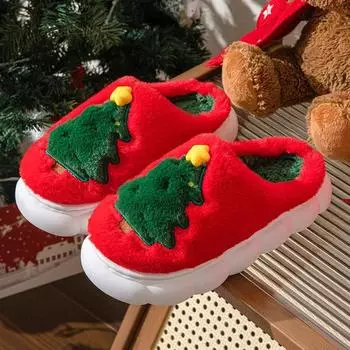 Winter Women s Slippers Cute Christmas Tree Women Flat Shoes Fashion Designer Soft Sole Cotton Shoes Plush Warm Unisex Slippers 36-37 красный