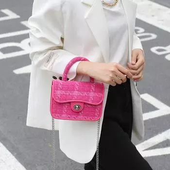 Winter Women s Socialite Style, High-end Feel, Woven Trendy Small Square Bag, Woolen Checkered Chain Handbag, Crossbody Bag