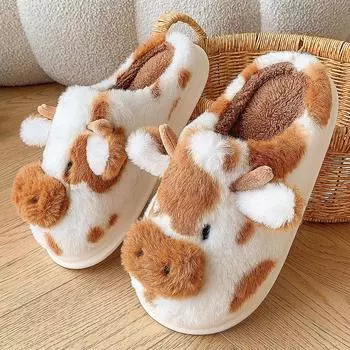 Winter Women s Warm Cartoon Cow Slippers Closed Toe Non Slip Furry House Shoes Women Indoor Bedroom Thick Sole Plush Slippers 36-37