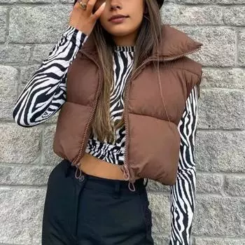 Зимний женский жилет, пальто, утолщенный, с застежкой-молнией, воротник-стойка, без рукавов, однотонный, с защитой от повреждений, сохраняющий тепло M бежевый