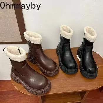 Winter Women Warm Plush Snow Boots Fashion Back Zippers Short Booties Concise Thick Heel Women s Cotton Shoes 35 коричневый