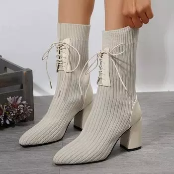 Winter Womens Mid-calf Boots 2024 New Knitted Warm Stretch Fabric Design High Heel Fashion Boots Elegant Pointed Toe Women Boots 36 чёрный