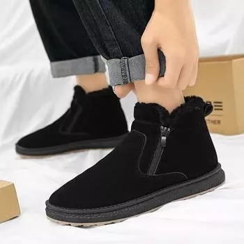 Winter youth snow boots 2025 side zipper non-slip piled thickened warm high-top board shoes fashionable men s cotton boots 39 чёрный