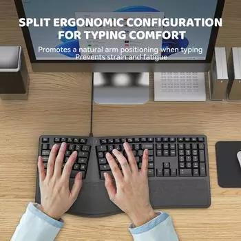 Проводная разделенная клавиатура Естественный эргономичный дизайн Полноразмерная клавиатура 110 клавиш Универсальная поддержка запястья Plug-Play