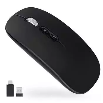 Wireless Mouse 2.4GHz Slim Rechargeable Silent Click Ergonomic 3 DPI Adjustable with Type C Adapter for Laptop PC Macbook чёрный